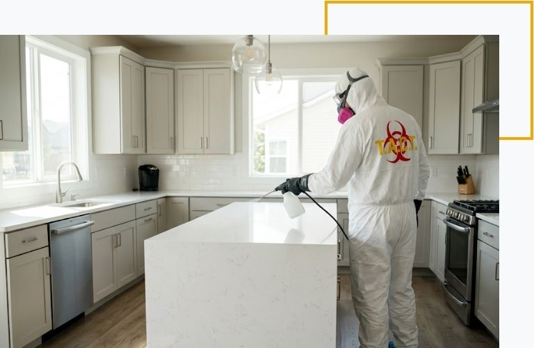 A certified T.A.C.T. technician expertly sanitizing a pristine kitchen island with professional equipment.