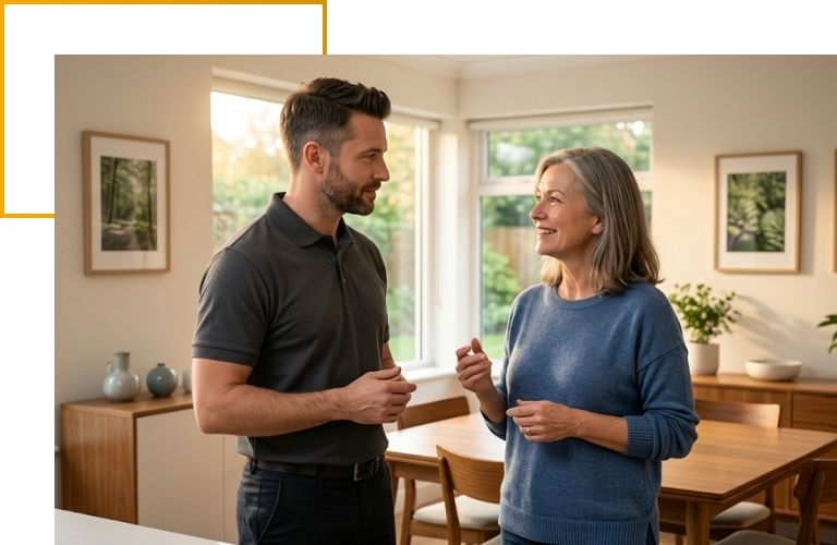 tech having an empathetic, reassuring conversation with a relieved homeowner.